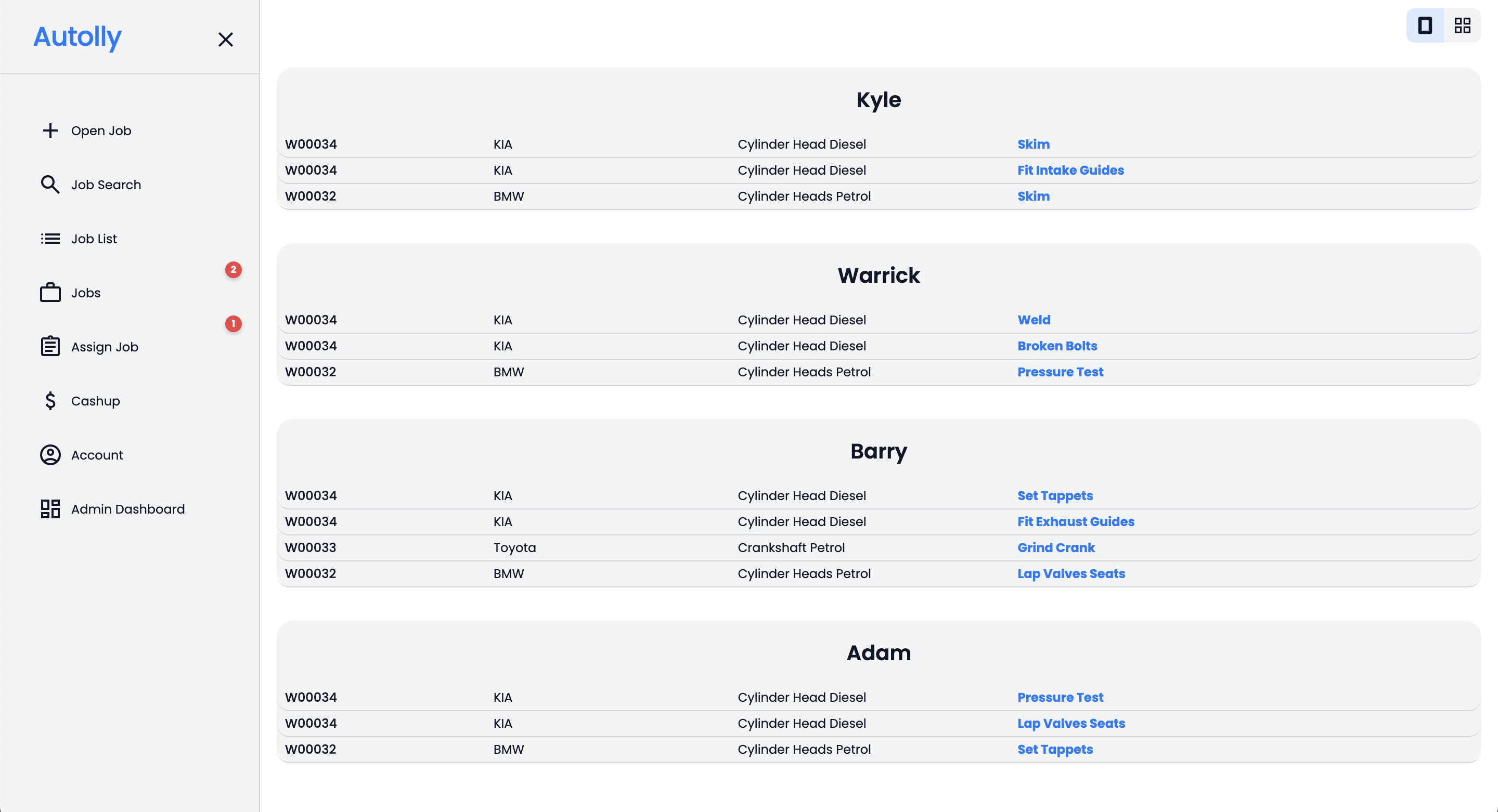Autolly job list showing worker assignments